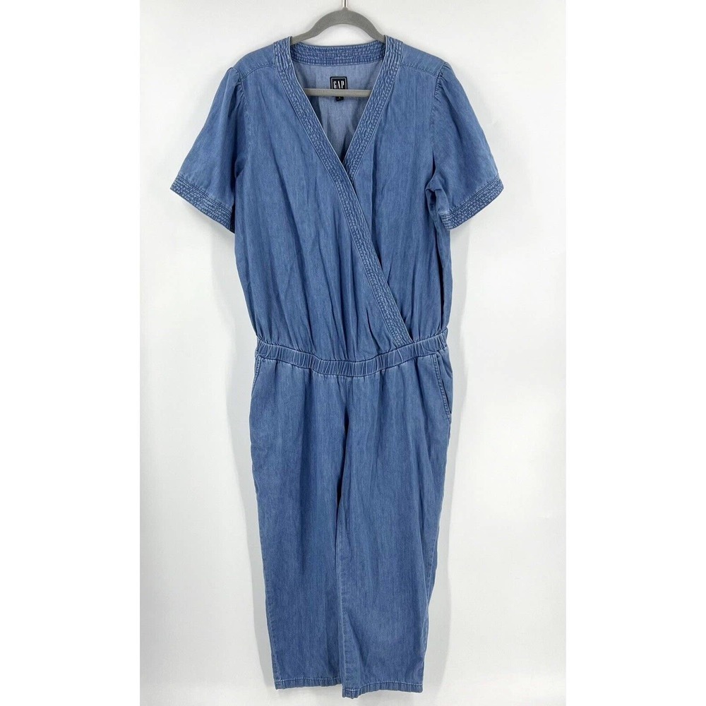 Gap Maternity Jumpsuit Sz L Blue Chambray One Piece V Neck Surplice Cotton Blend